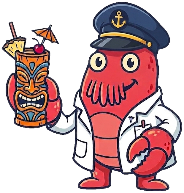 A cartoon crab in a ship captain's hat and a lab coat, holding a tiki mug garnished with pineapple, a cherry and a paper umbrella.